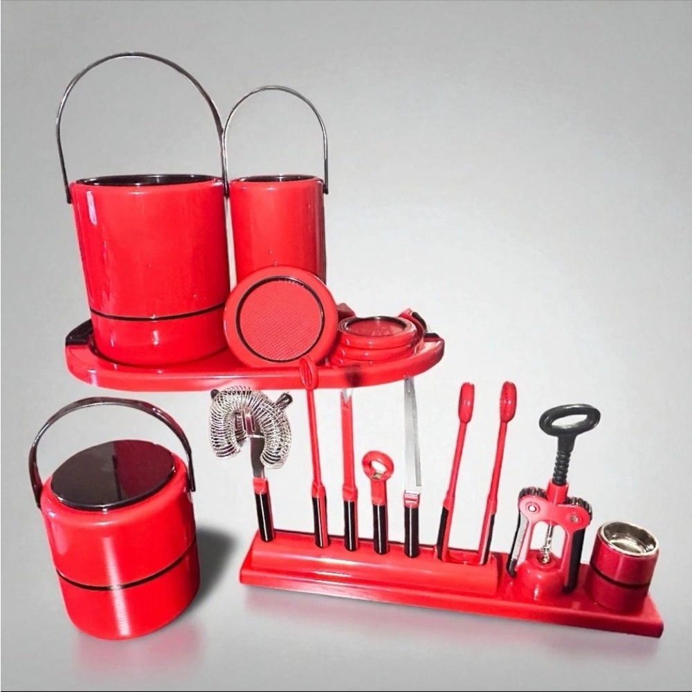 Vintage MCM ‘70s Casa Scaroni Red & Black 21 Piece Bar Cocktail Set (Italy)